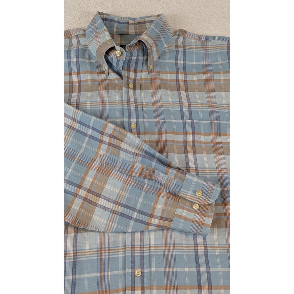Jos. A. Bank Traveler's Collection Mens Large 100% Linen Plaid Shirt Blue Brown - Picture 3 of 9